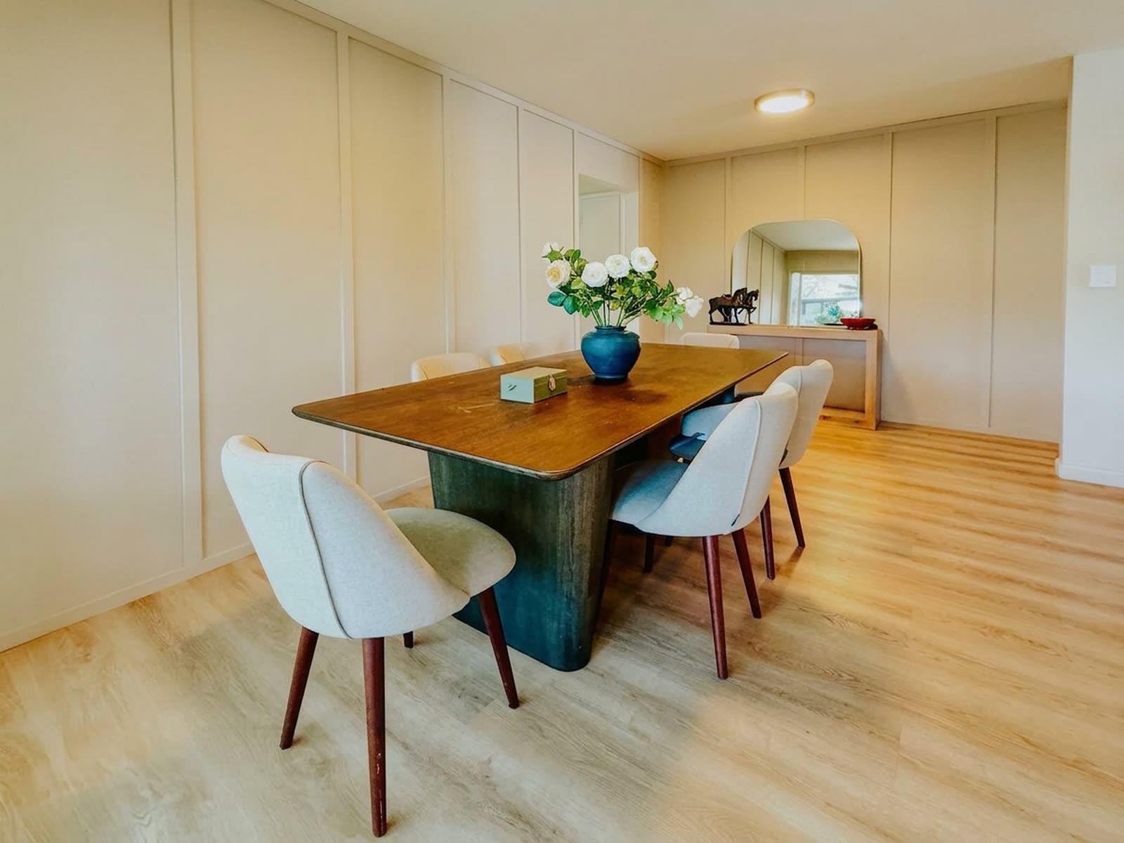 The dining room, ready for a table full of people.