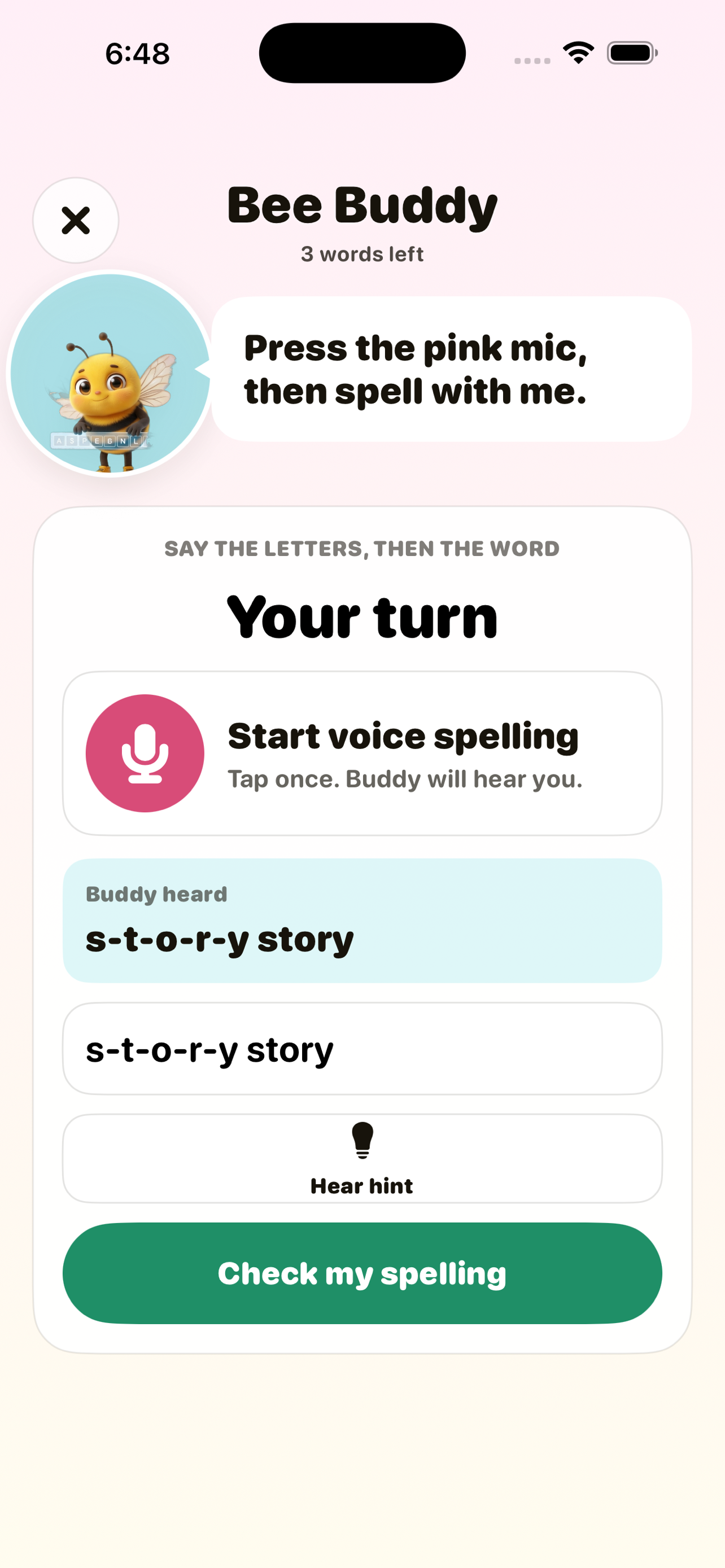 Bee Buddy attempt screen, typing a guess letter by letter.
