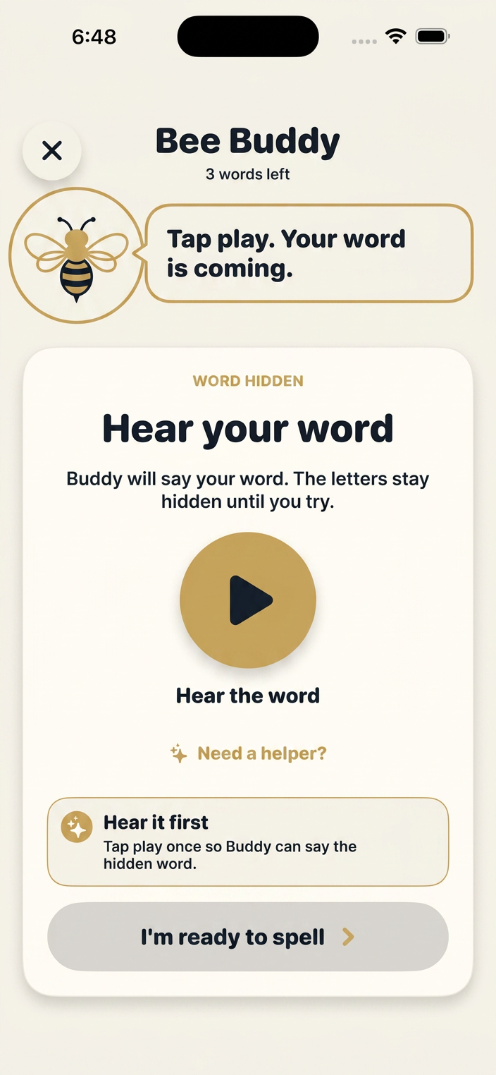 Bee Buddy screen with a friendly bee reading a hidden word aloud.