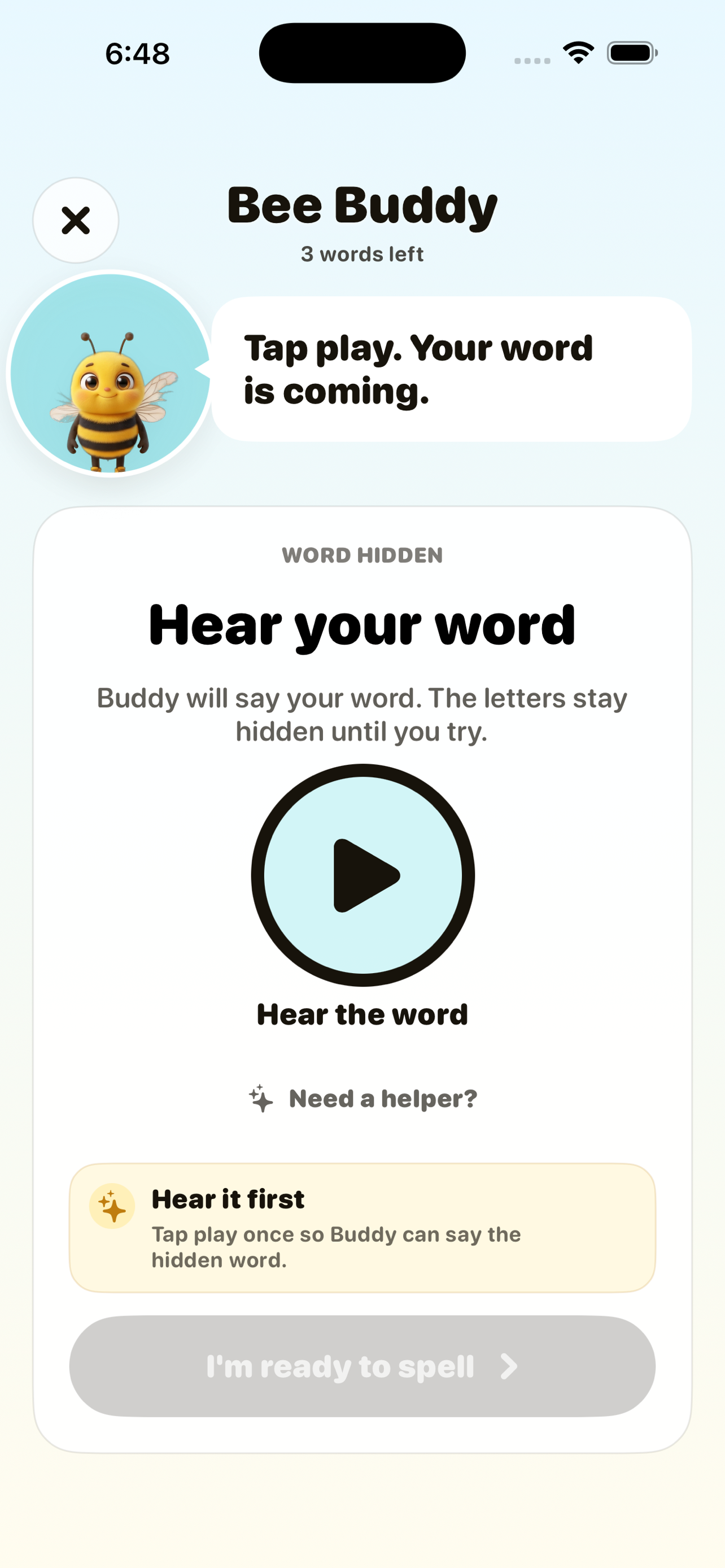 Bee Buddy screen with a friendly bee reading a hidden word aloud.