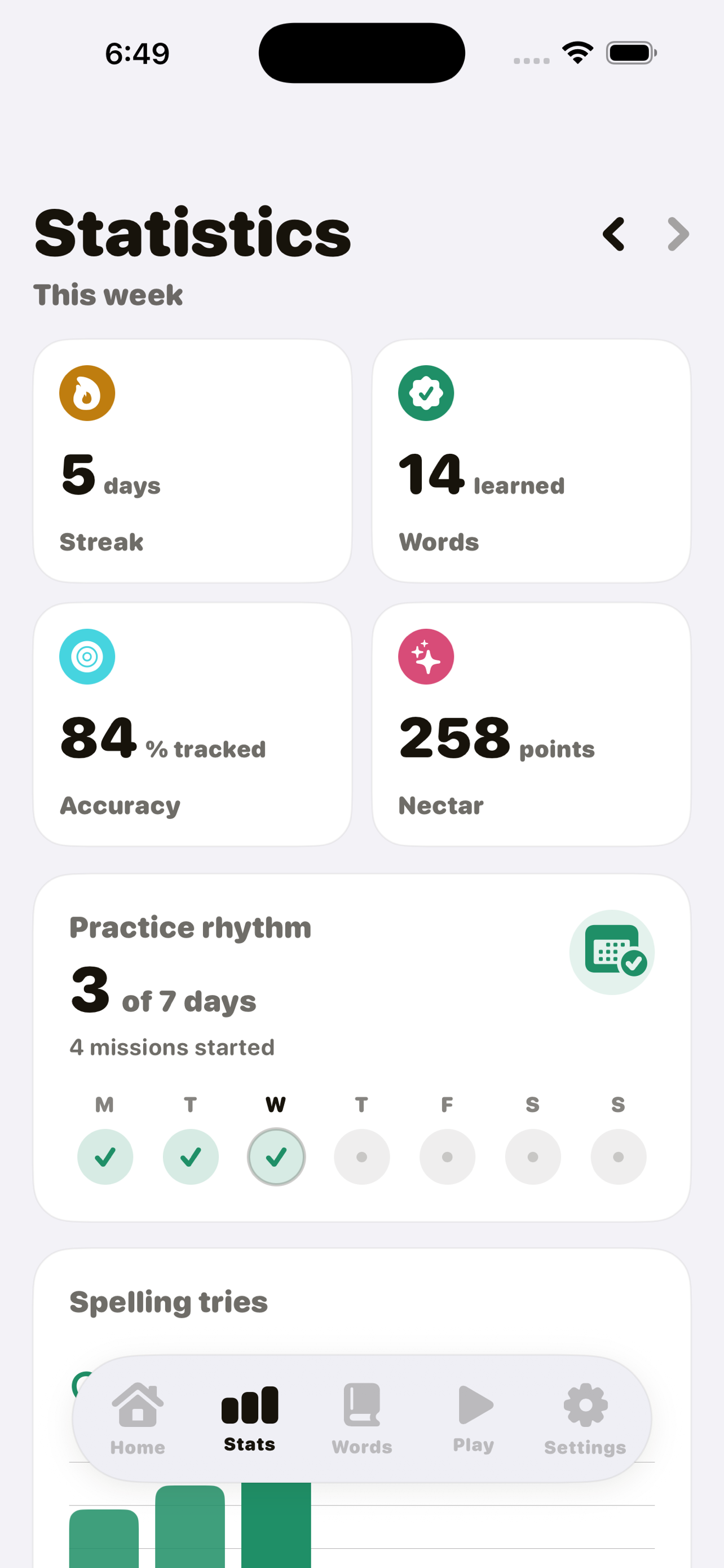 Bee Buddy stats screen tracking streaks and words learned.