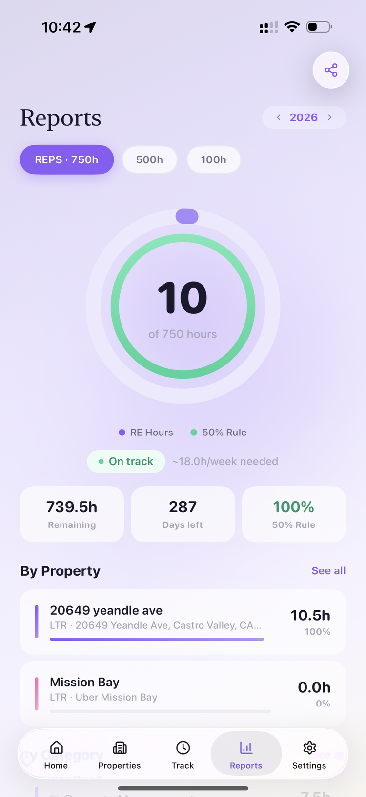 LandlordHours reports screen, a progress ring climbing toward a 750-hour goal.