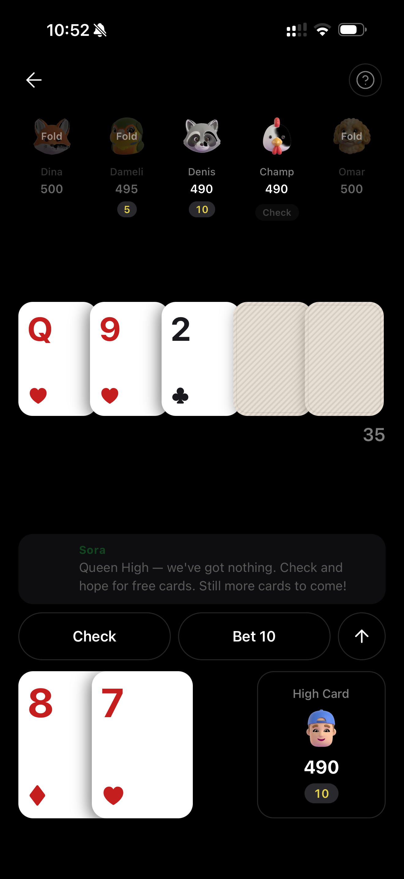 Pocket Holdem game screen with coach Sora reading back the hand.